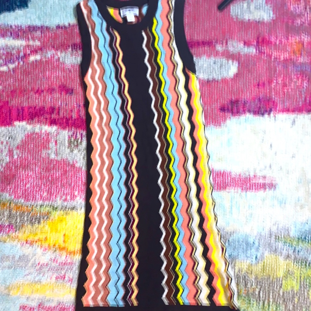 It is a dress with no sleeves. And it muti colored.